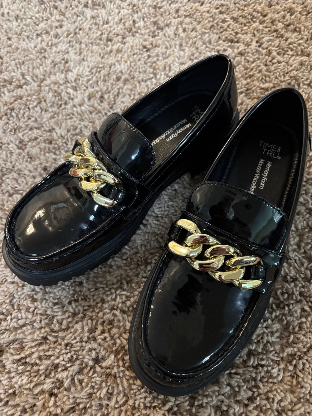 Time and Tru Black Patent Loafers with Gold Chain Accent